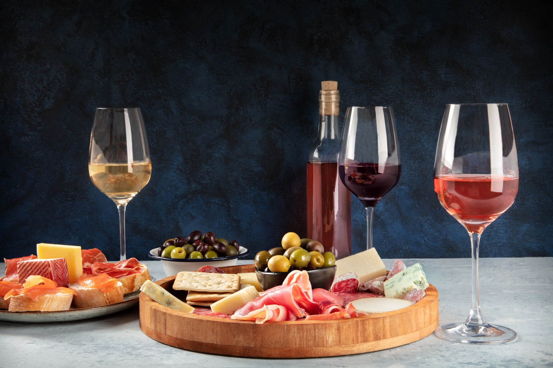 Wine and charcuterie and cheese board with a place for text